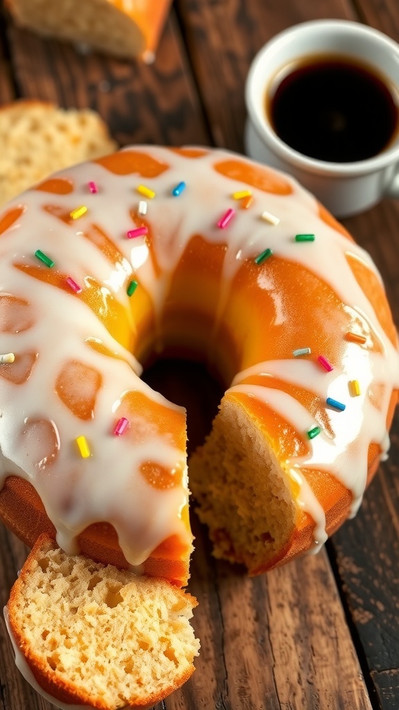 A round donut cake with a glossy glaze and sprinkles, served on a rustic table with a slice cut out.